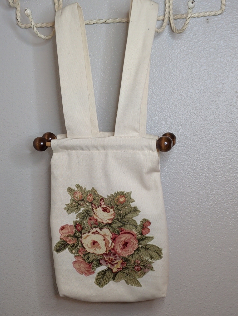 Vintage 70s Sewing Knitting Bag Tote Ivory Pink Cottagecore Wood Handles MCM